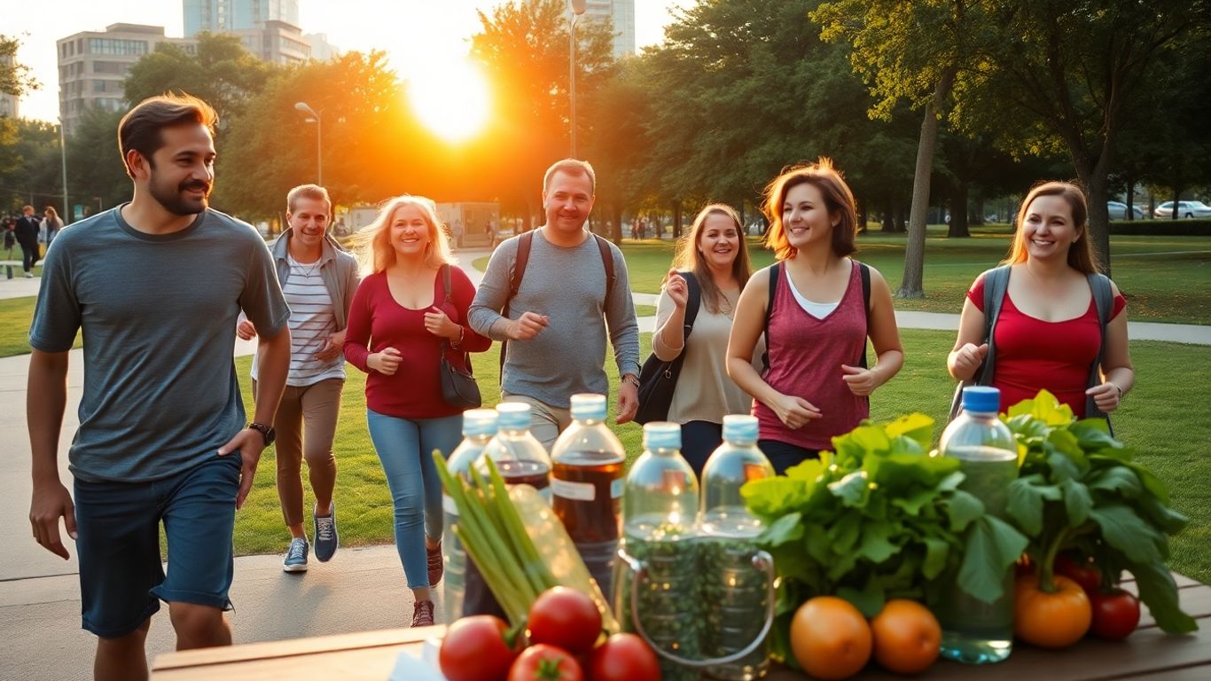 Grupo caminhando em parque com vegetais ao fundo