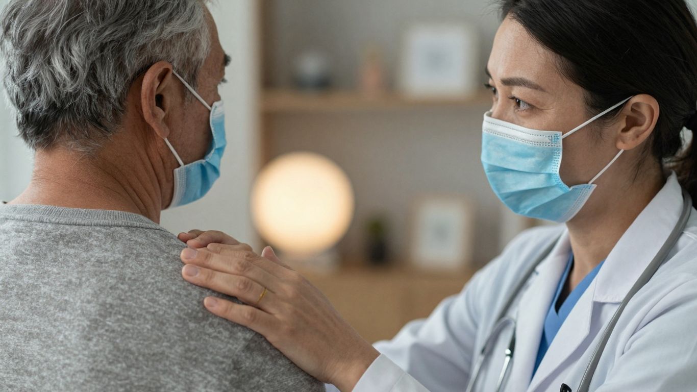 Médico e paciente em ambiente de esperança e equilíbrio.