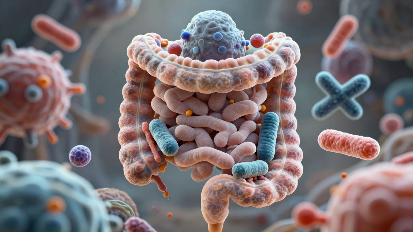 Intestino e células de defesa interagindo em harmonia.