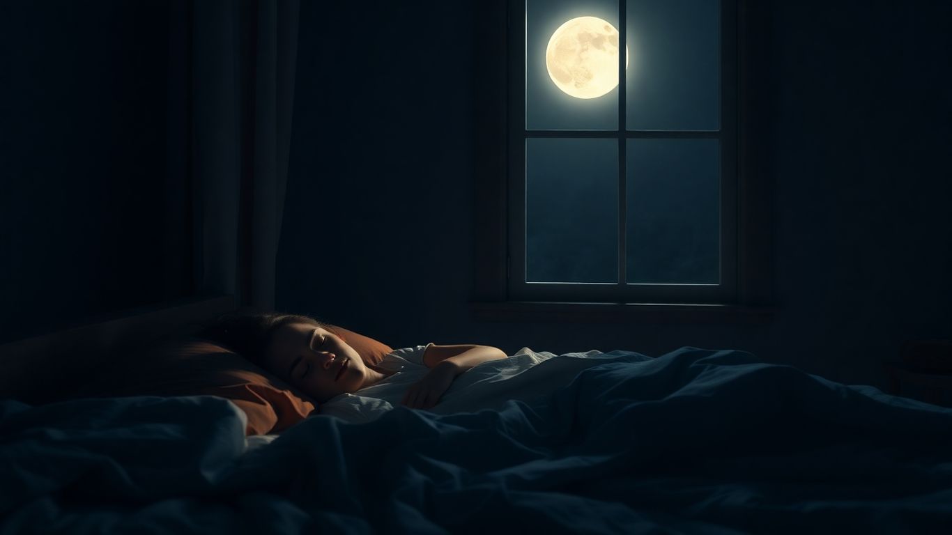 Pessoa dormindo pacificamente em uma cama iluminada pela lua.