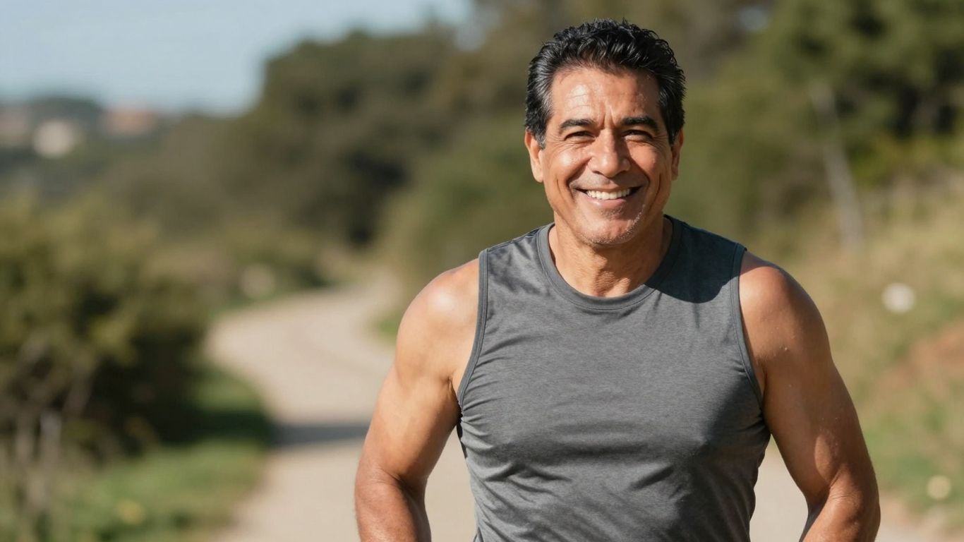 Homem de meia-idade sorrindo, ativo e saudável ao ar livre.