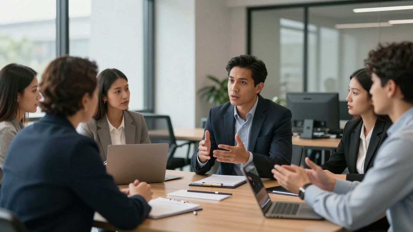 Pessoas em reunião de avaliação de desempenho.