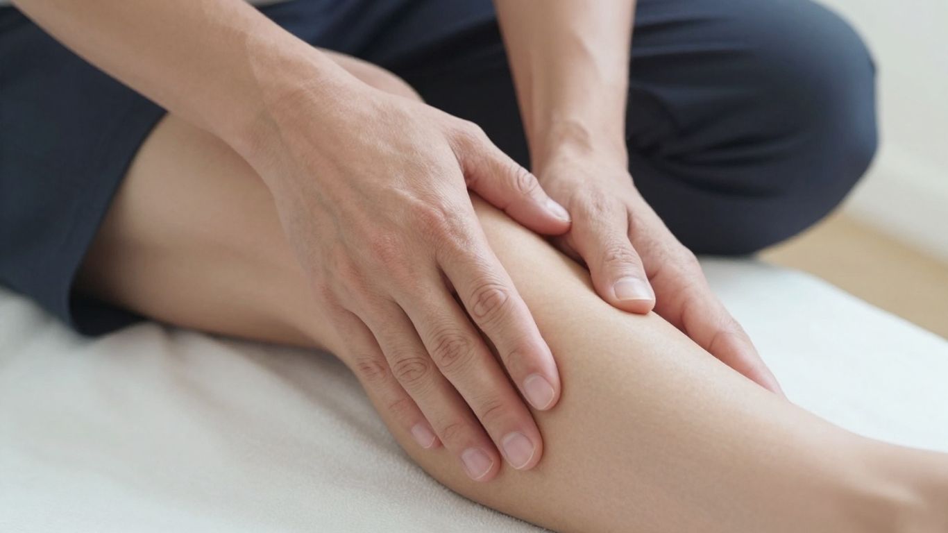 Pessoa aliviando cãibra muscular na perna com massagem.