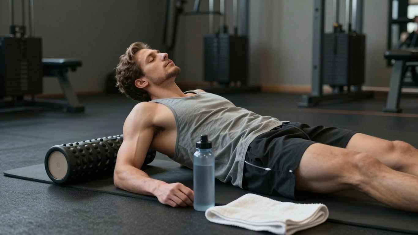 Pessoa relaxando após treino com acessórios de recuperação muscular.