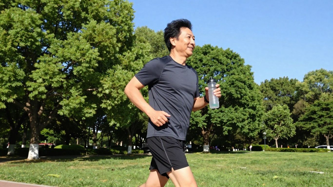Pessoa correndo em parque ensolarado com roupas esportivas
