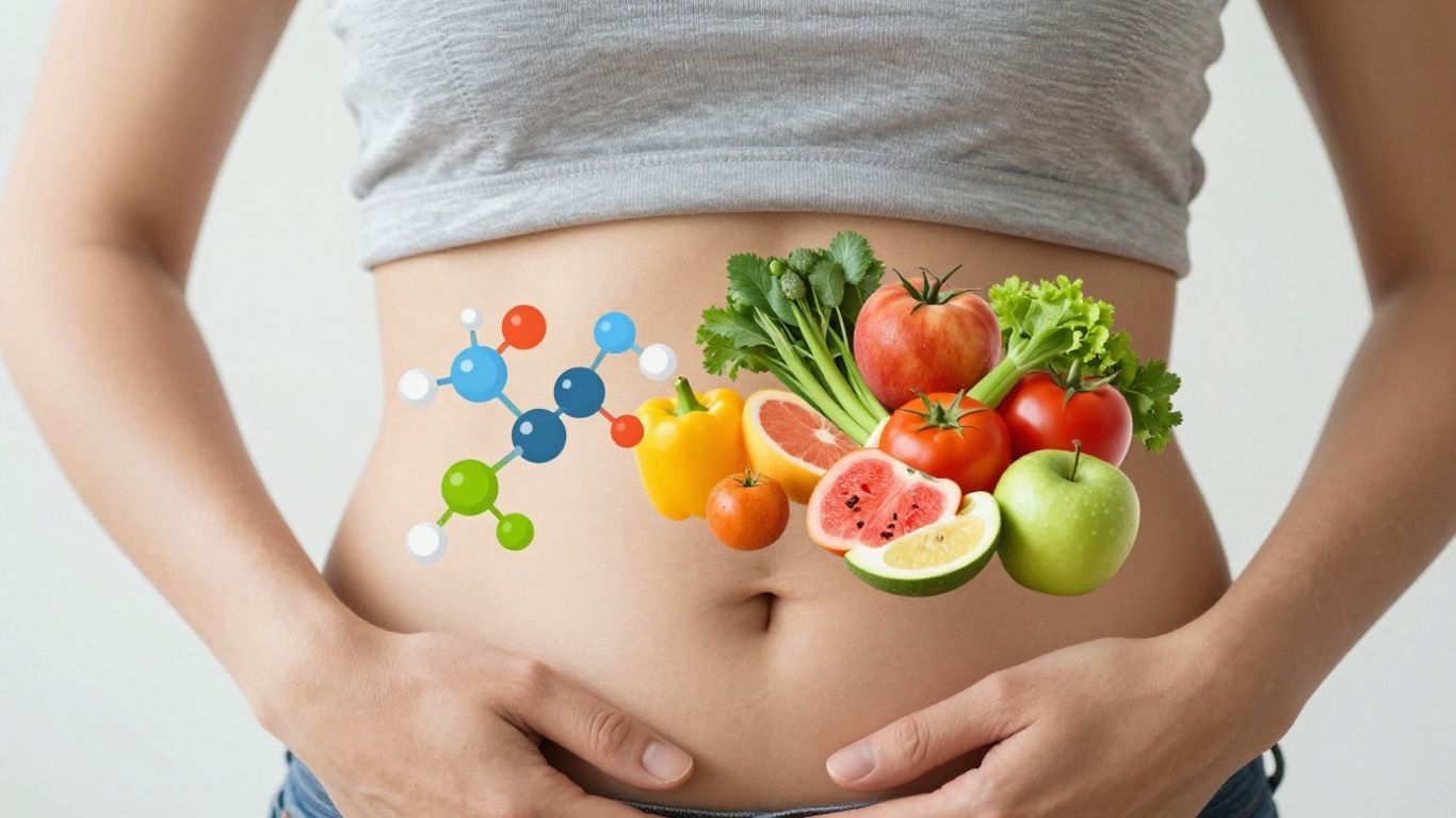 Pessoa segurando o estômago com alimentos saudáveis ao redor.