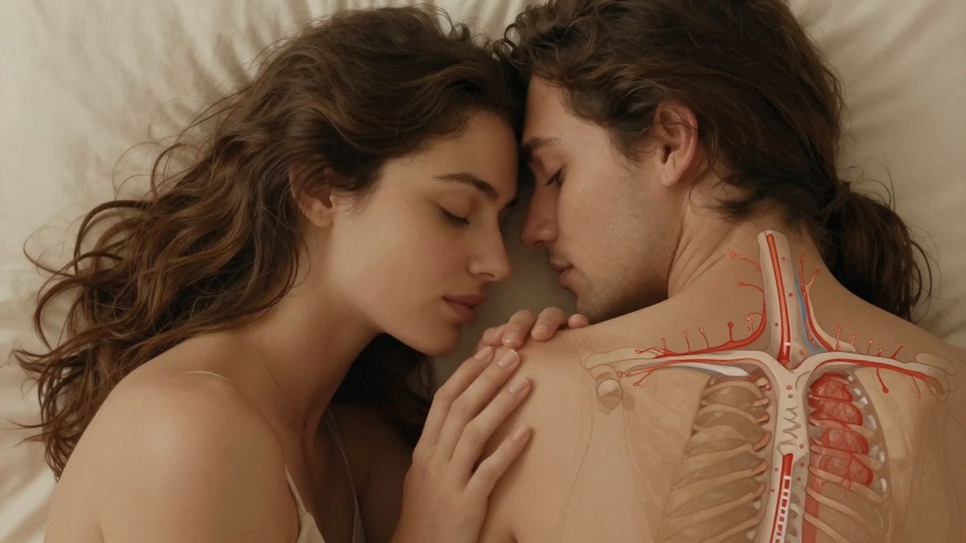 Casal abraçado, luz suave, conexão hormonal e bem-estar.