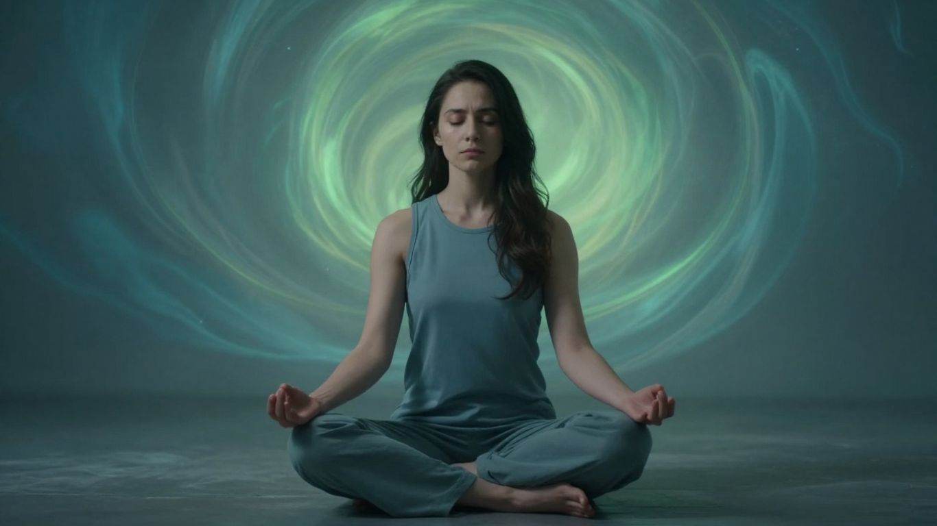 Pessoa meditando em paz com hormônios de estresse abstratos.