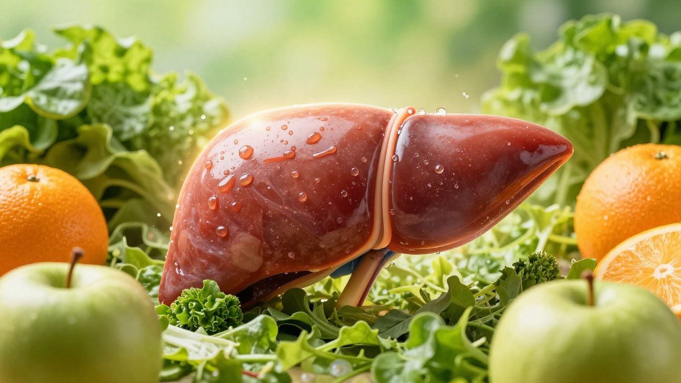 Fígado saudável com frutas e vegetais frescos.