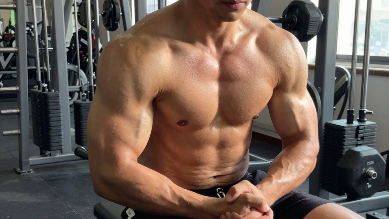 Homem musculoso treinando em academia com halteres.