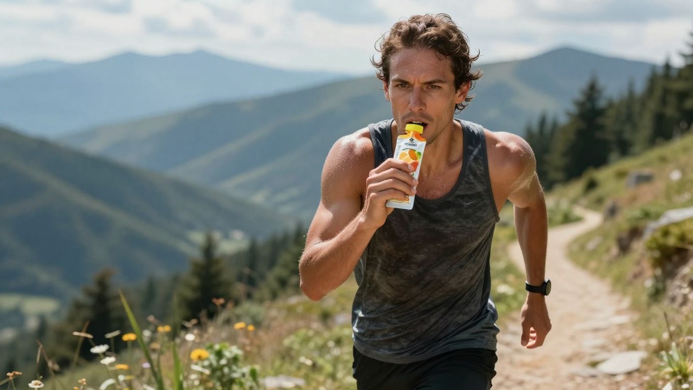 Atleta correndo em trilha com frutas e géis energéticos.