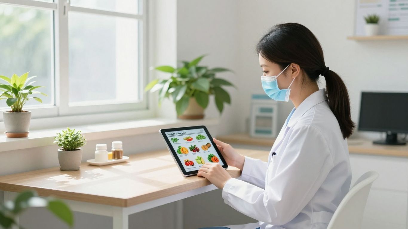 Nutricionista em consultório com tablet e alimentos saudáveis.